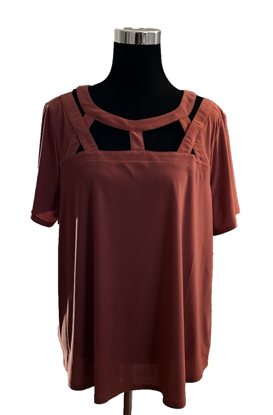 A.U.W. Womens Short Sleeve Round Neck Cutout Blouse Orange Size 2X